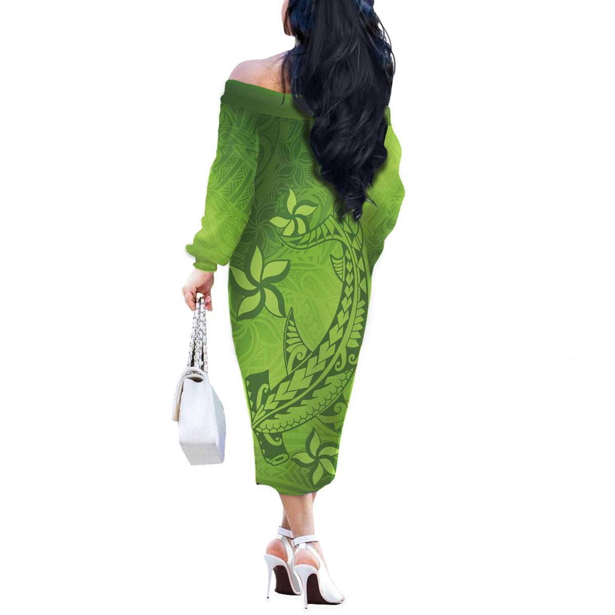 Green Gradient Polynesia Off The Shoulder Long Sleeve Dress Hawaiian Tribal Hammerhead Shark Tattoo
