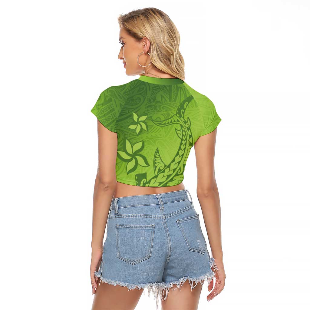 Green Gradient Polynesia Raglan Cropped T Shirt Hawaiian Tribal Hammerhead Shark Tattoo
