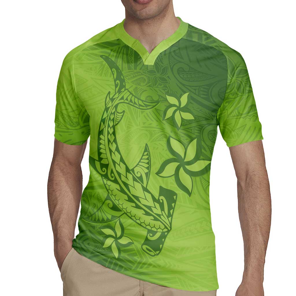 Green Gradient Polynesia Rugby Jersey Hawaiian Tribal Hammerhead Shark Tattoo