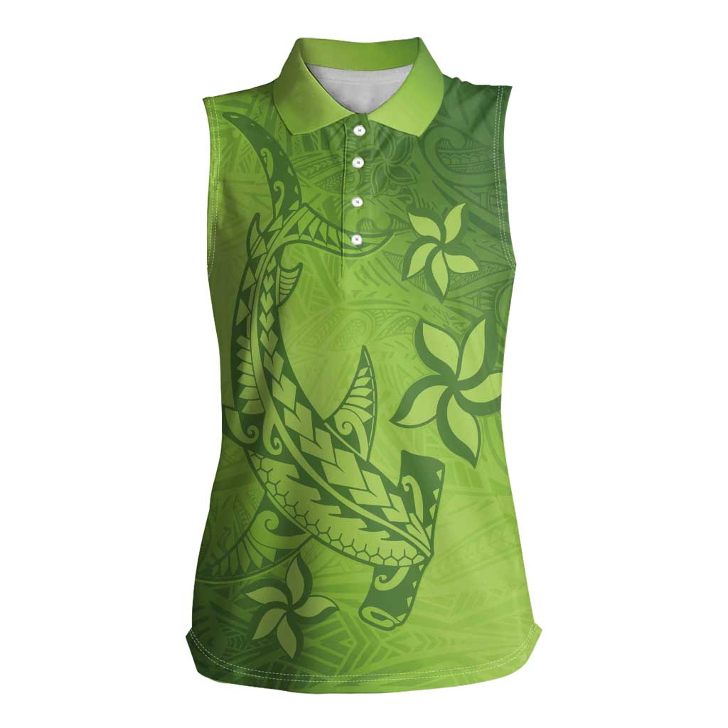 Green Gradient Polynesia Women Sleeveless Polo Shirt Hawaiian Tribal Hammerhead Shark Tattoo