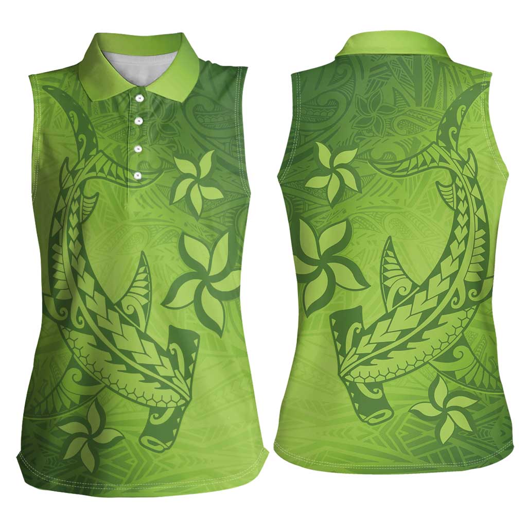 Green Gradient Polynesia Women Sleeveless Polo Shirt Hawaiian Tribal Hammerhead Shark Tattoo