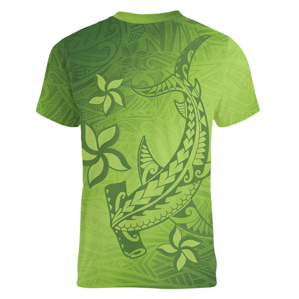Green Gradient Polynesia Women V-Neck T-Shirt Hawaiian Tribal Hammerhead Shark Tattoo