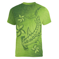 Green Gradient Polynesia Women V-Neck T-Shirt Hawaiian Tribal Hammerhead Shark Tattoo