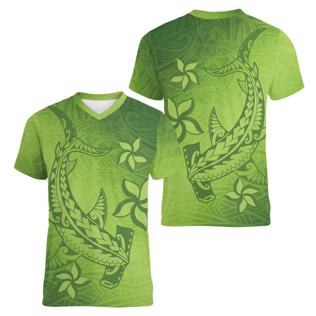 Green Gradient Polynesia Women V-Neck T-Shirt Hawaiian Tribal Hammerhead Shark Tattoo