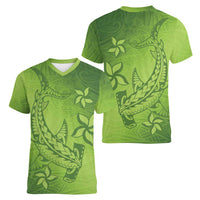 Green Gradient Polynesia Women V-Neck T-Shirt Hawaiian Tribal Hammerhead Shark Tattoo