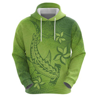 Green Gradient Polynesia Zip Hoodie Hawaiian Tribal Hammerhead Shark Tattoo