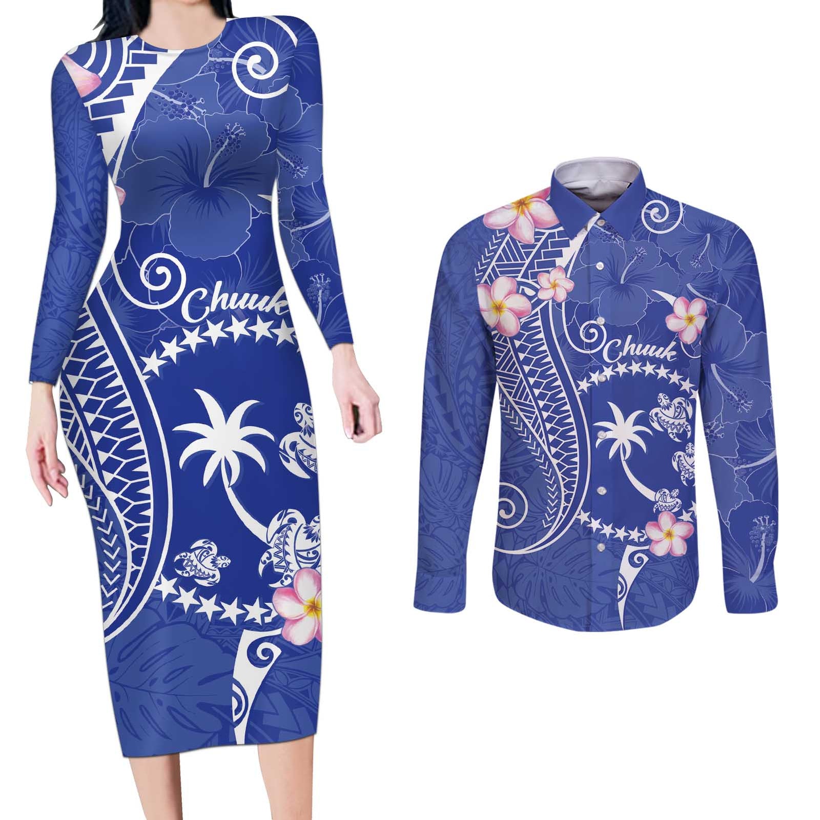 FSM Chuuk Constitution Day Couples Matching Long Sleeve Bodycon Dress and Long Sleeve Button Shirt Frangipani Flowers Polynesian Curves Style LT14 Blue - Polynesian Pride