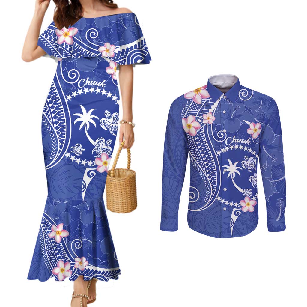 FSM Chuuk Constitution Day Couples Matching Mermaid Dress and Long Sleeve Button Shirt Frangipani Flowers Polynesian Curves Style LT14 Blue - Polynesian Pride