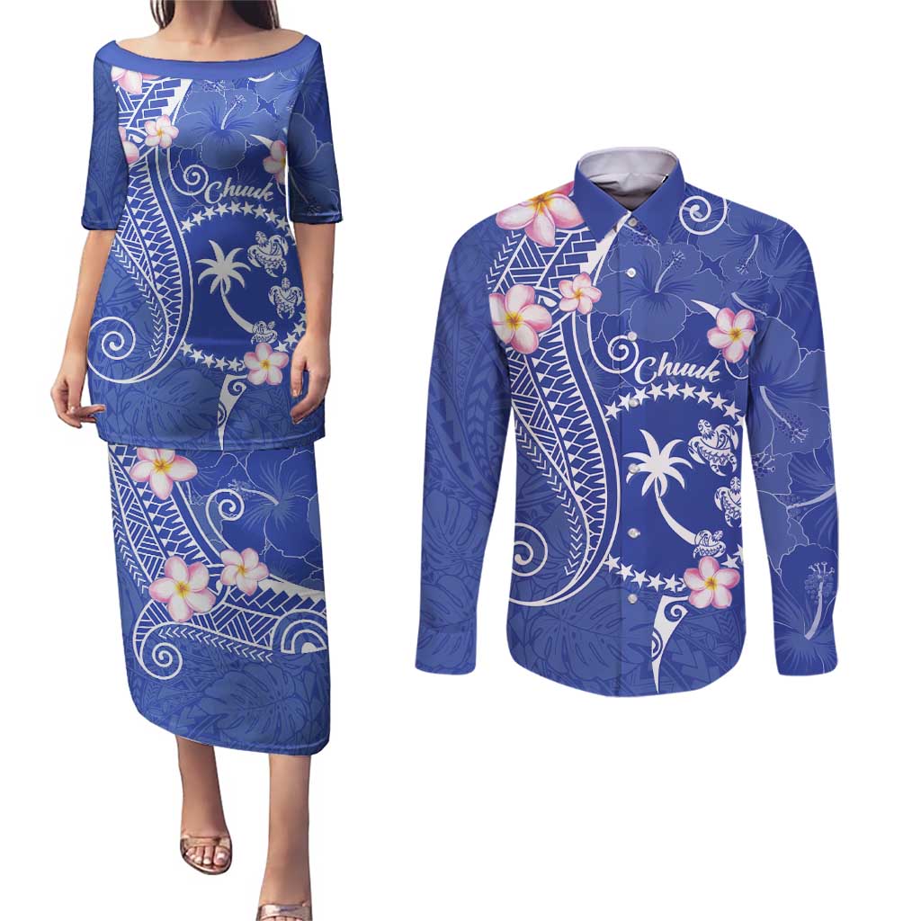 FSM Chuuk Constitution Day Couples Matching Puletasi and Long Sleeve Button Shirt Frangipani Flowers Polynesian Curves Style LT14 Blue - Polynesian Pride
