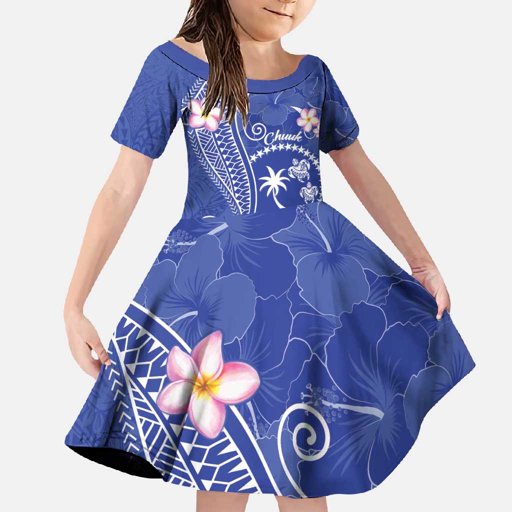 FSM Chuuk Constitution Day Family Matching Short Sleeve Bodycon Dress and Hawaiian Shirt Frangipani Flowers Polynesian Curves Style LT14 Daughter's Dress Blue - Polynesian Pride