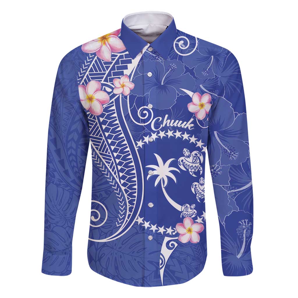 FSM Chuuk Constitution Day Family Matching Summer Maxi Dress and Hawaiian Shirt Frangipani Flowers Polynesian Curves Style LT14 Dad's Shirt - Long Sleeve Blue - Polynesian Pride
