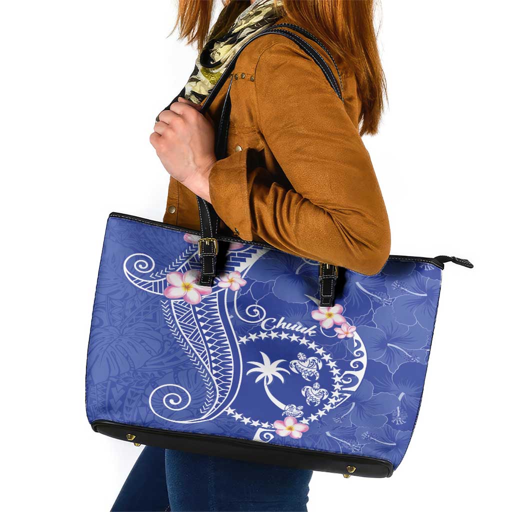 FSM Chuuk Constitution Day Leather Tote Bag Frangipani Flowers Polynesian Curves Style LT14 Blue - Polynesian Pride