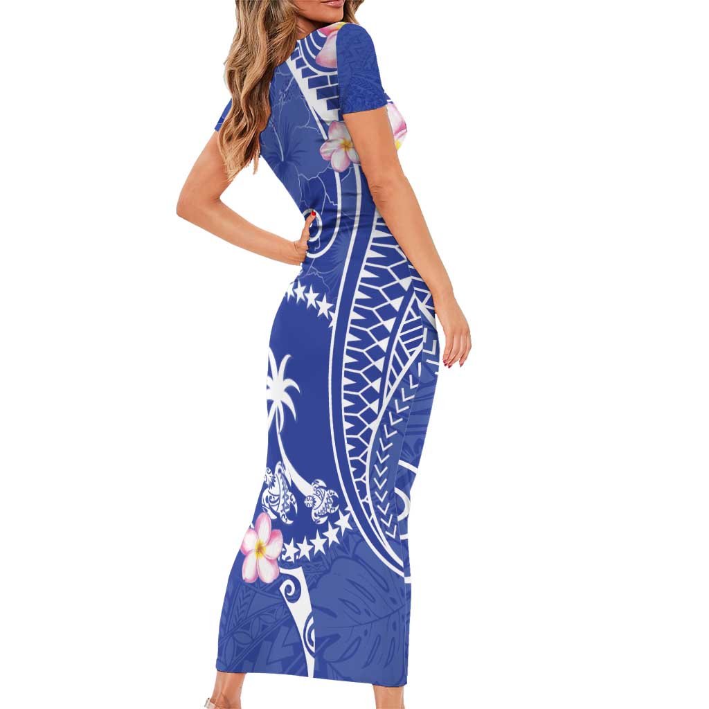 FSM Chuuk Constitution Day Short Sleeve Bodycon Dress Frangipani Flowers Polynesian Curves Style LT14 - Polynesian Pride