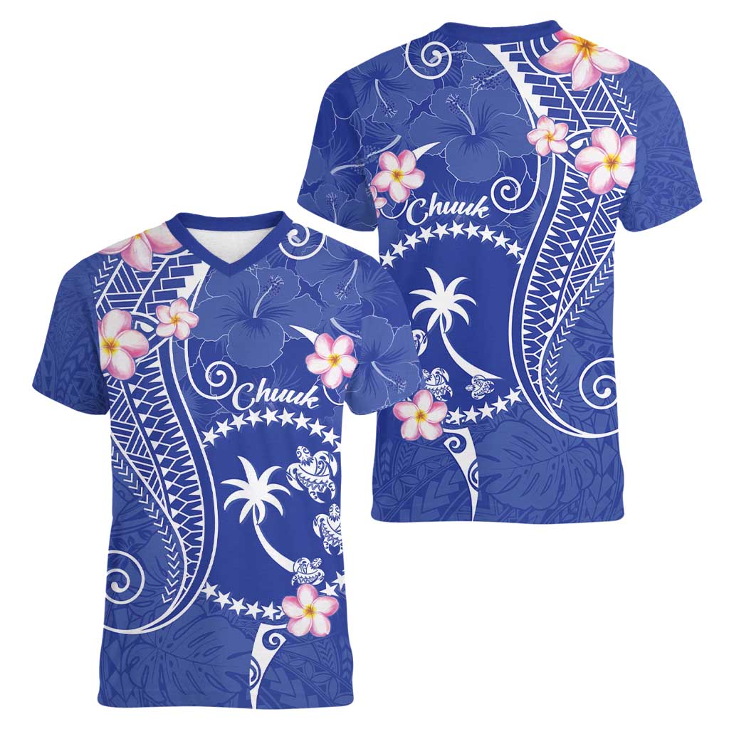 FSM Chuuk Constitution Day Women V-Neck T-Shirt Frangipani Flowers Polynesian Curves Style