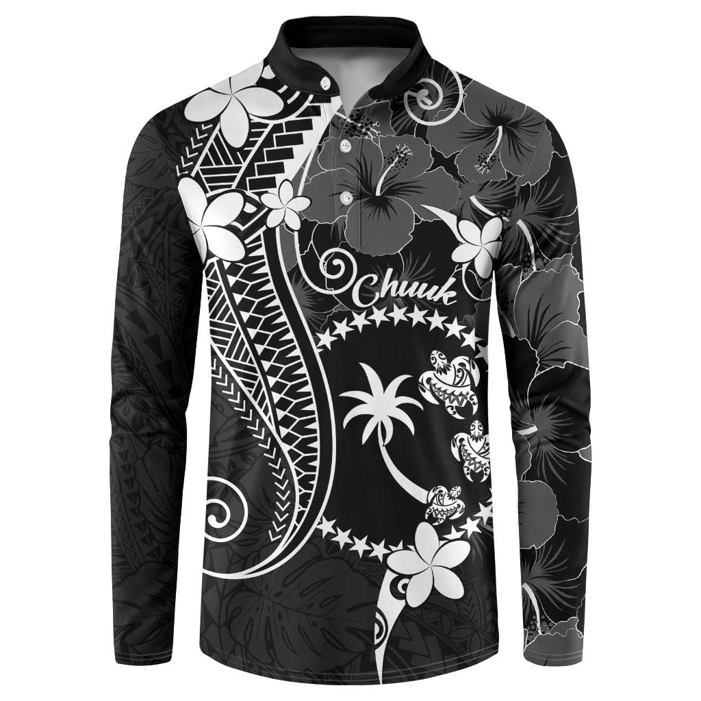 FSM Chuuk Button Sweatshirt Turtle Tropical Flowers Polynesian - Black LT14 Black - Polynesian Pride