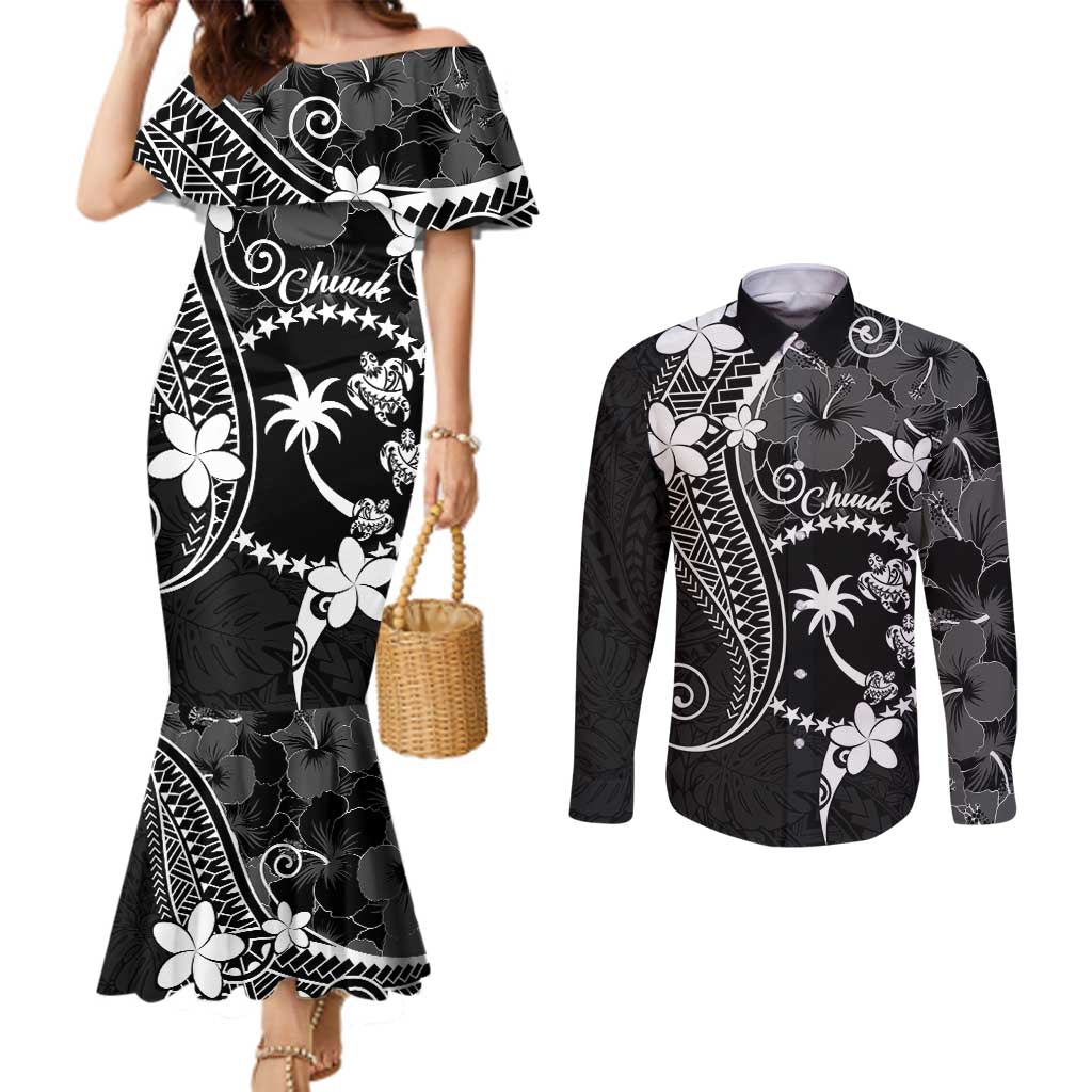 FSM Chuuk Couples Matching Mermaid Dress and Long Sleeve Button Shirt Turtle Tropical Flowers Polynesian - Black LT14 Black - Polynesian Pride