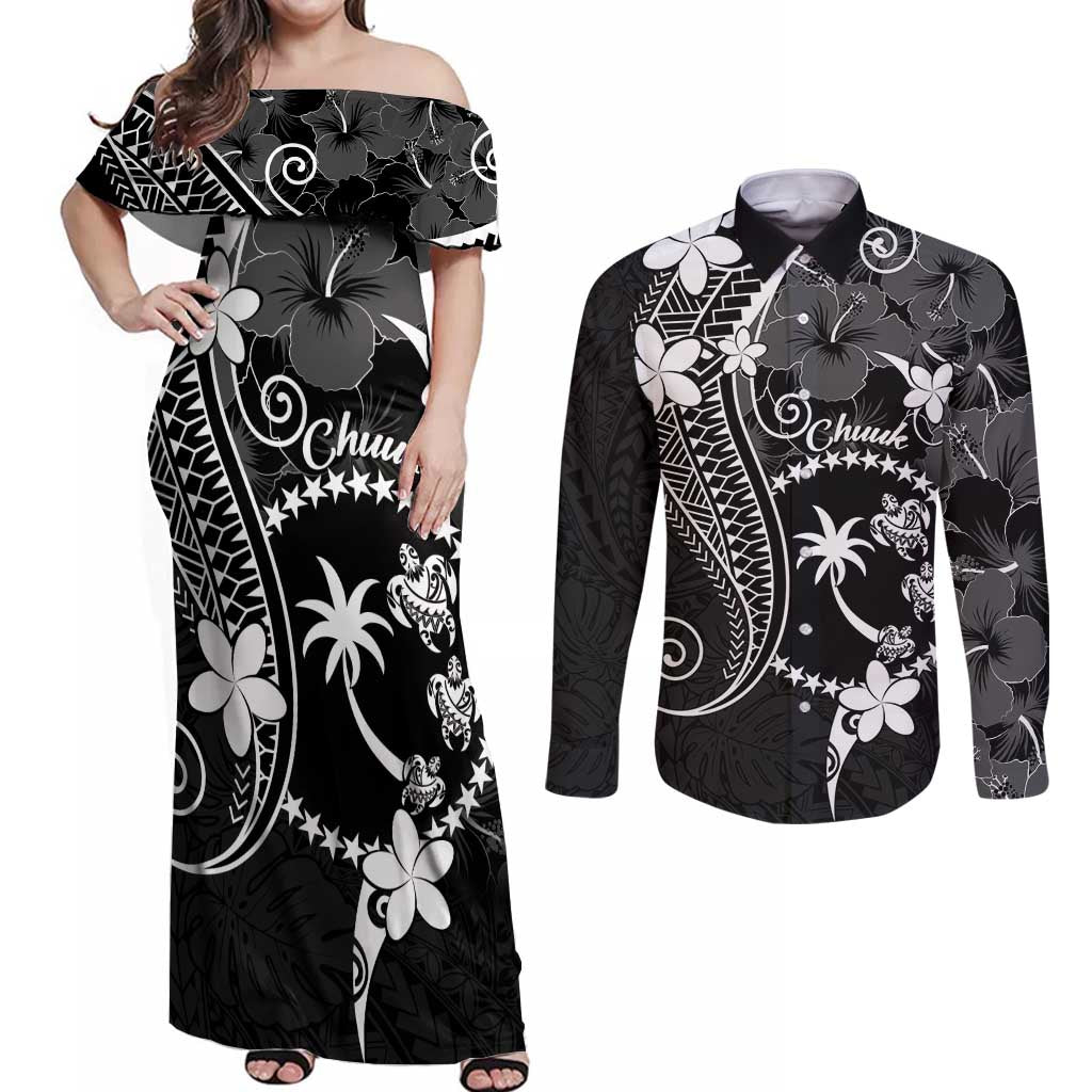 FSM Chuuk Couples Matching Off Shoulder Maxi Dress and Long Sleeve Button Shirt Turtle Tropical Flowers Polynesian - Black LT14 Black - Polynesian Pride