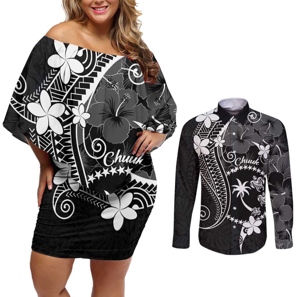 FSM Chuuk Couples Matching Off Shoulder Short Dress and Long Sleeve Button Shirt Turtle Tropical Flowers Polynesian - Black LT14 Black - Polynesian Pride