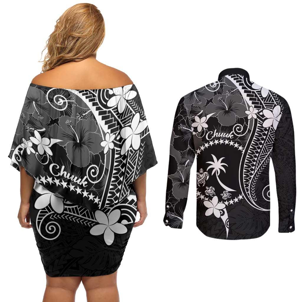 FSM Chuuk Couples Matching Off Shoulder Short Dress and Long Sleeve Button Shirt Turtle Tropical Flowers Polynesian - Black