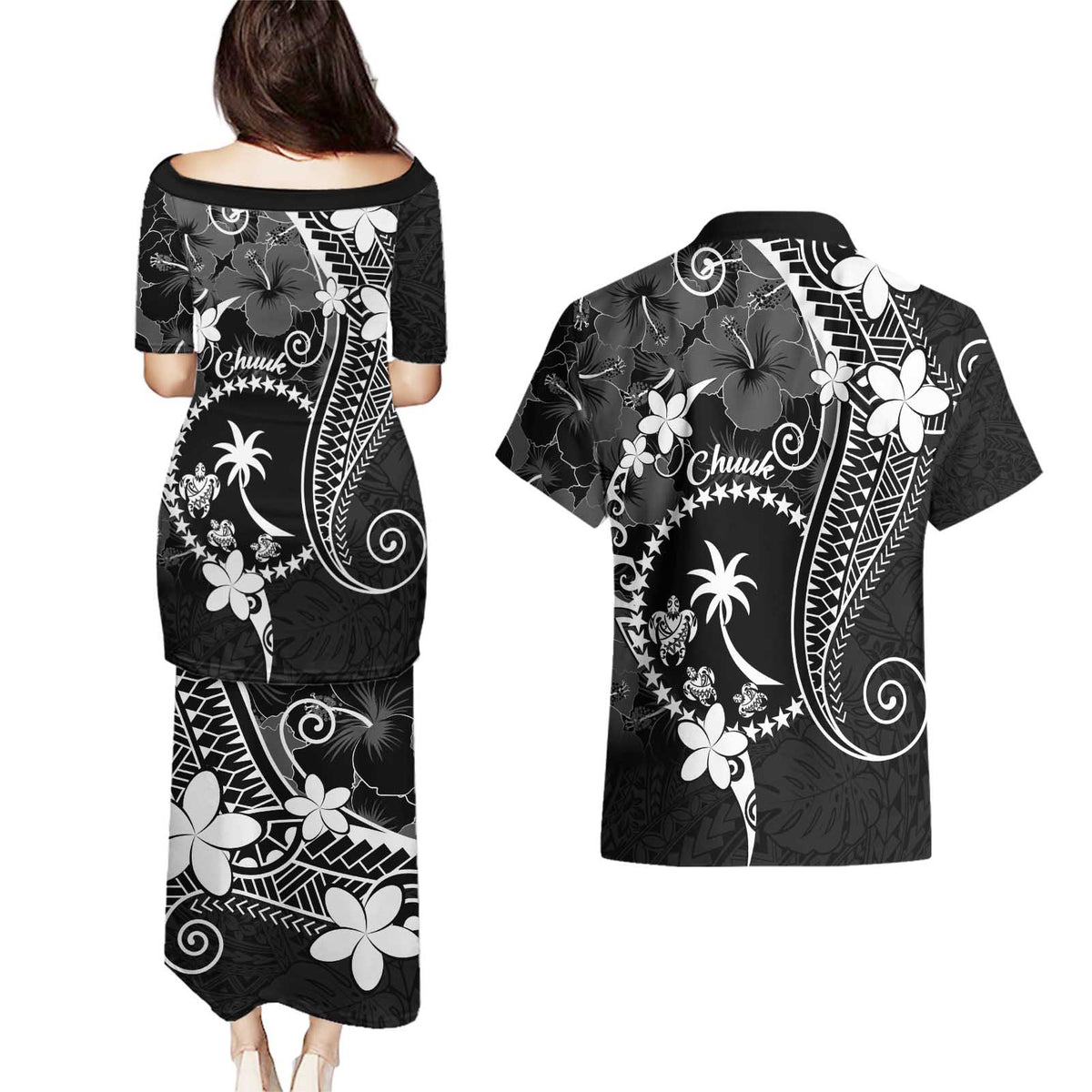 FSM Chuuk Couples Matching Puletasi and Hawaiian Shirt Turtle Tropical Flowers Polynesian - Black LT14 - Polynesian Pride