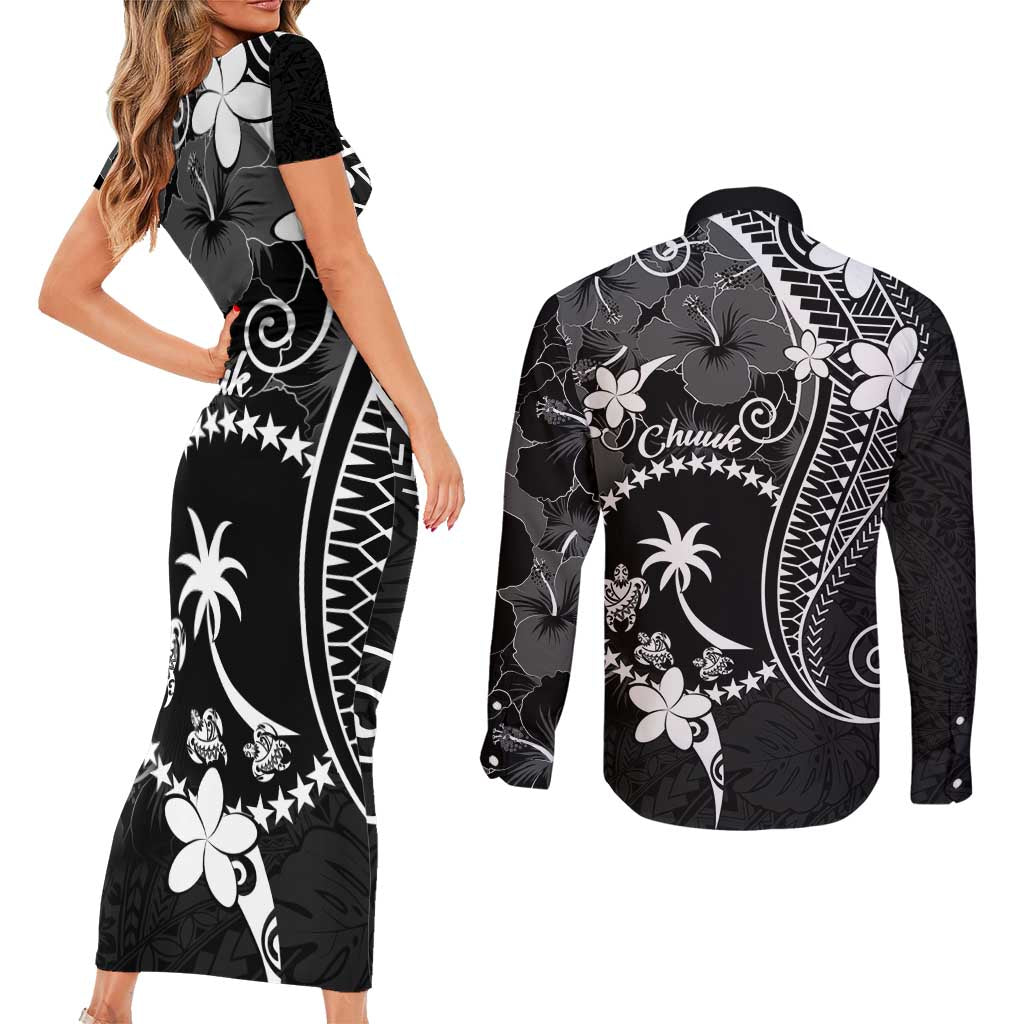 FSM Chuuk Couples Matching Short Sleeve Bodycon Dress and Long Sleeve Button Shirt Turtle Tropical Flowers Polynesian - Black
