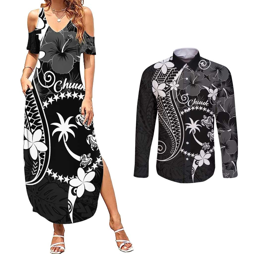 FSM Chuuk Couples Matching Summer Maxi Dress and Long Sleeve Button Shirt Turtle Tropical Flowers Polynesian - Black LT14 Black - Polynesian Pride