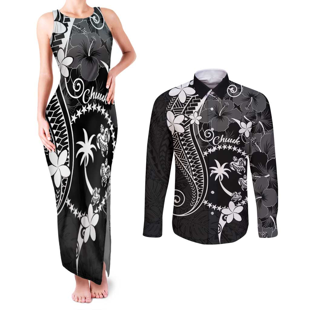 FSM Chuuk Couples Matching Tank Maxi Dress and Long Sleeve Button Shirt Turtle Tropical Flowers Polynesian - Black LT14 Black - Polynesian Pride
