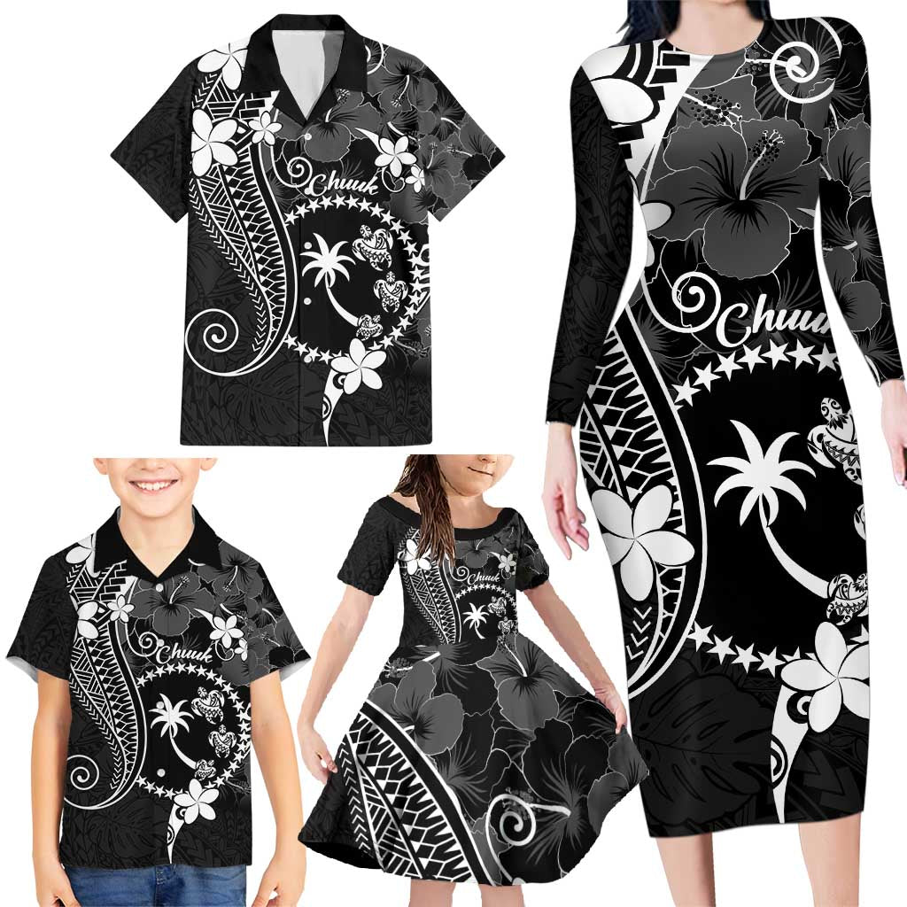 FSM Chuuk Family Matching Long Sleeve Bodycon Dress and Hawaiian Shirt Turtle Tropical Flowers Polynesian - Black LT14 - Polynesian Pride