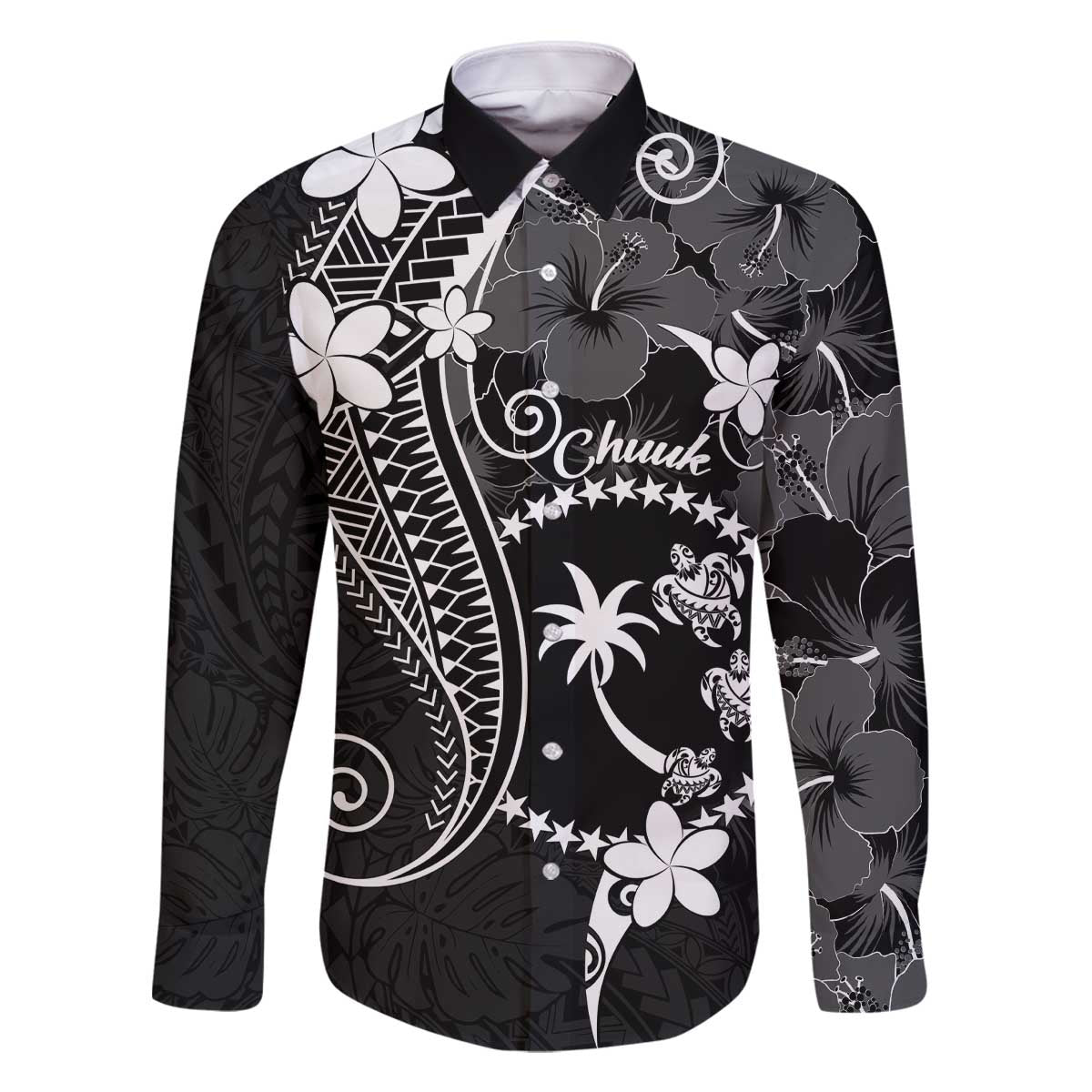 FSM Chuuk Family Matching Off The Shoulder Long Sleeve Dress and Hawaiian Shirt Turtle Tropical Flowers Polynesian - Black LT14 Dad's Shirt - Long Sleeve Black - Polynesian Pride