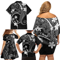 FSM Chuuk Family Matching Off Shoulder Short Dress and Hawaiian Shirt Turtle Tropical Flowers Polynesian - Black