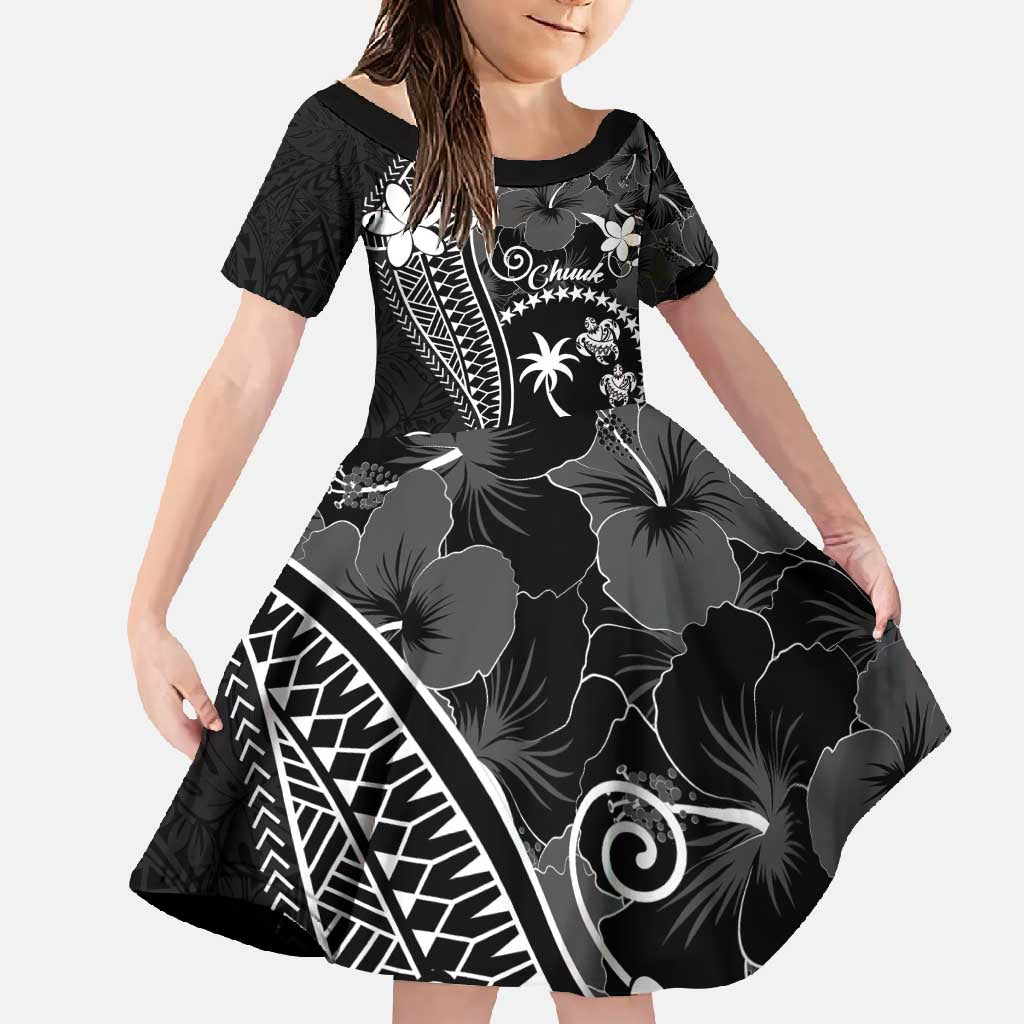 FSM Chuuk Family Matching Short Sleeve Bodycon Dress and Hawaiian Shirt Turtle Tropical Flowers Polynesian - Black LT14 Daughter's Dress Black - Polynesian Pride