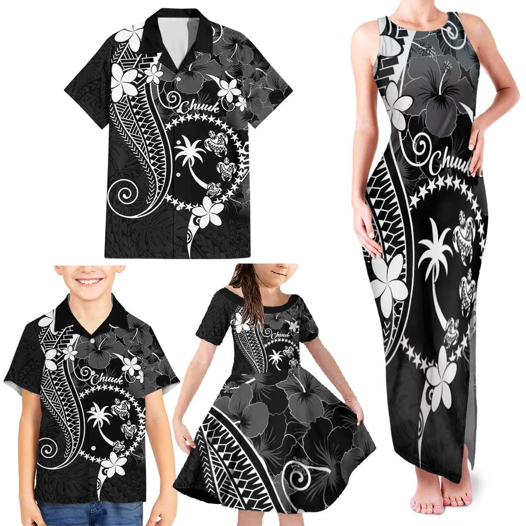 FSM Chuuk Family Matching Tank Maxi Dress and Hawaiian Shirt Turtle Tropical Flowers Polynesian - Black LT14 - Polynesian Pride