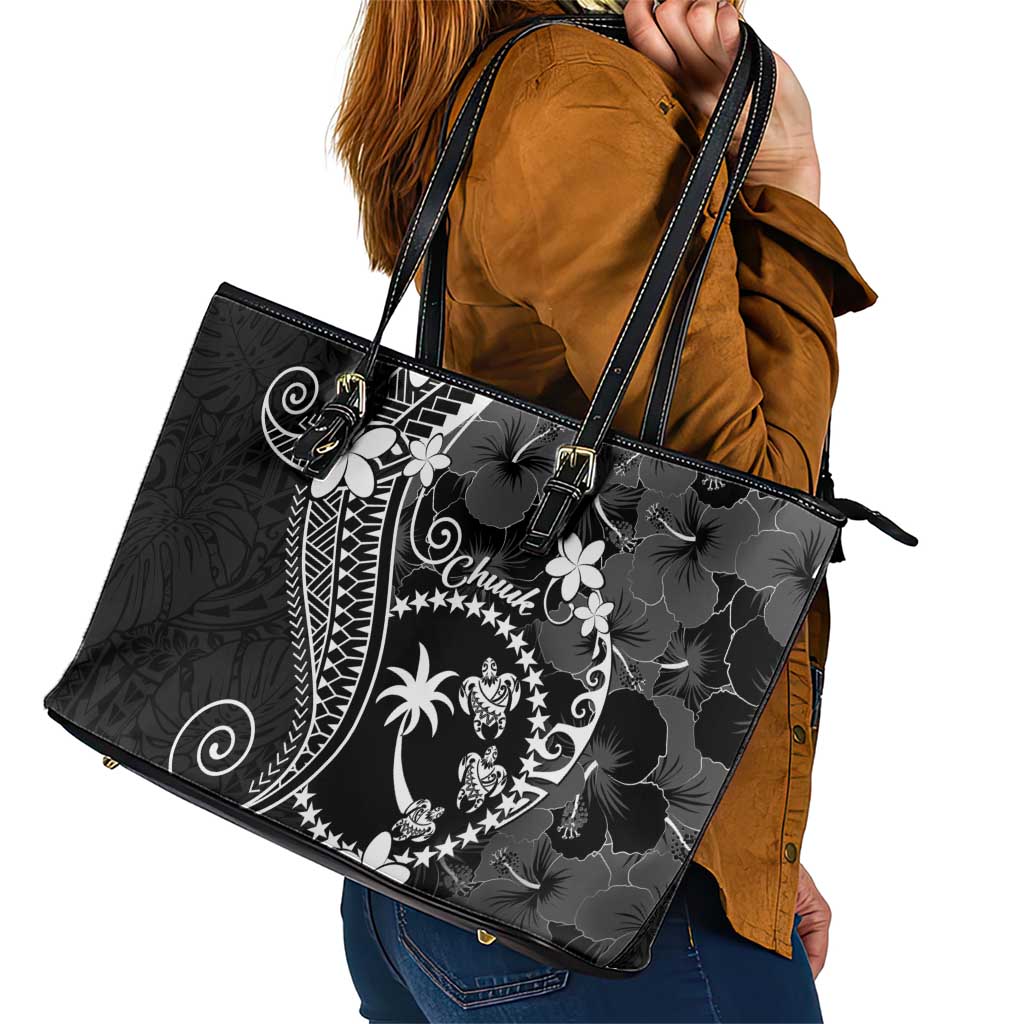 FSM Chuuk Leather Tote Bag Turtle Tropical Flowers Polynesian - Black