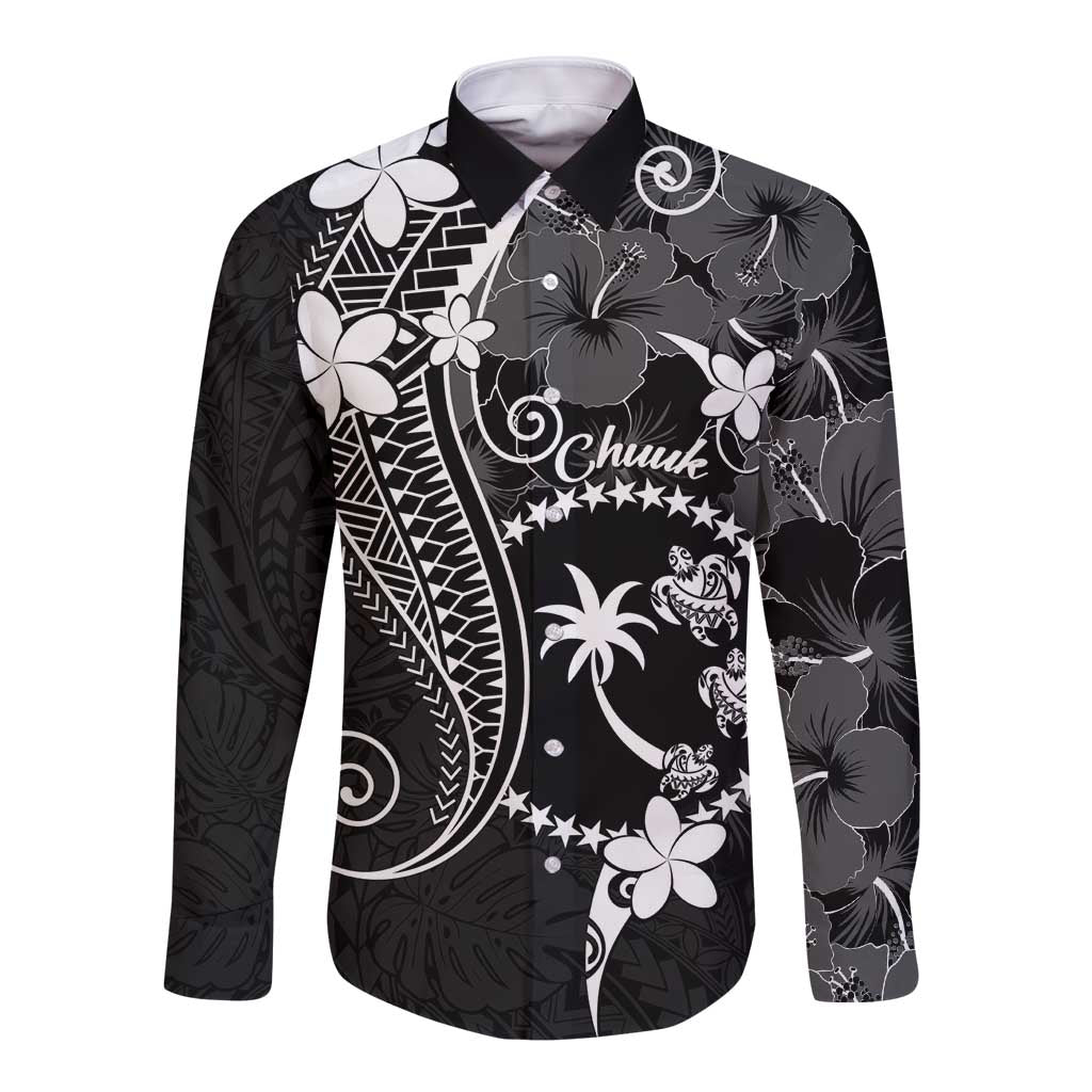FSM Chuuk Long Sleeve Button Shirt Turtle Tropical Flowers Polynesian - Black LT14 Unisex Black - Polynesian Pride