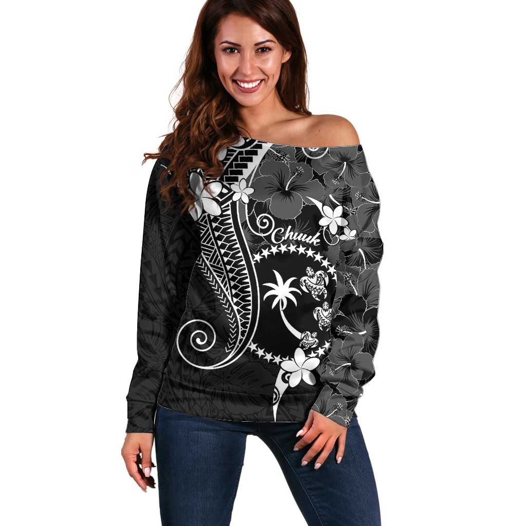 FSM Chuuk Off Shoulder Sweater Turtle Tropical Flowers Polynesian - Black LT14 Women Black - Polynesian Pride