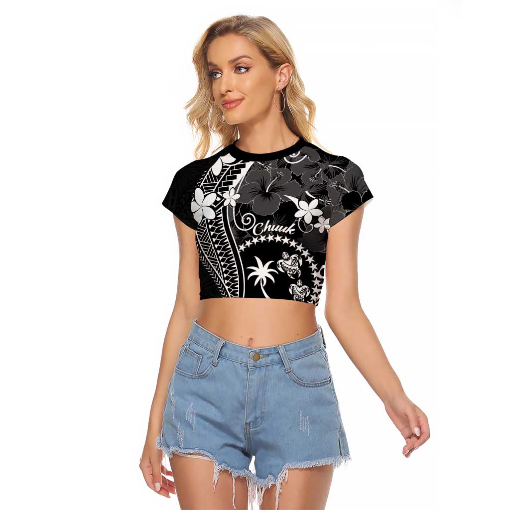FSM Chuuk Raglan Cropped T Shirt Turtle Tropical Flowers Polynesian - Black LT14 Female Black - Polynesian Pride