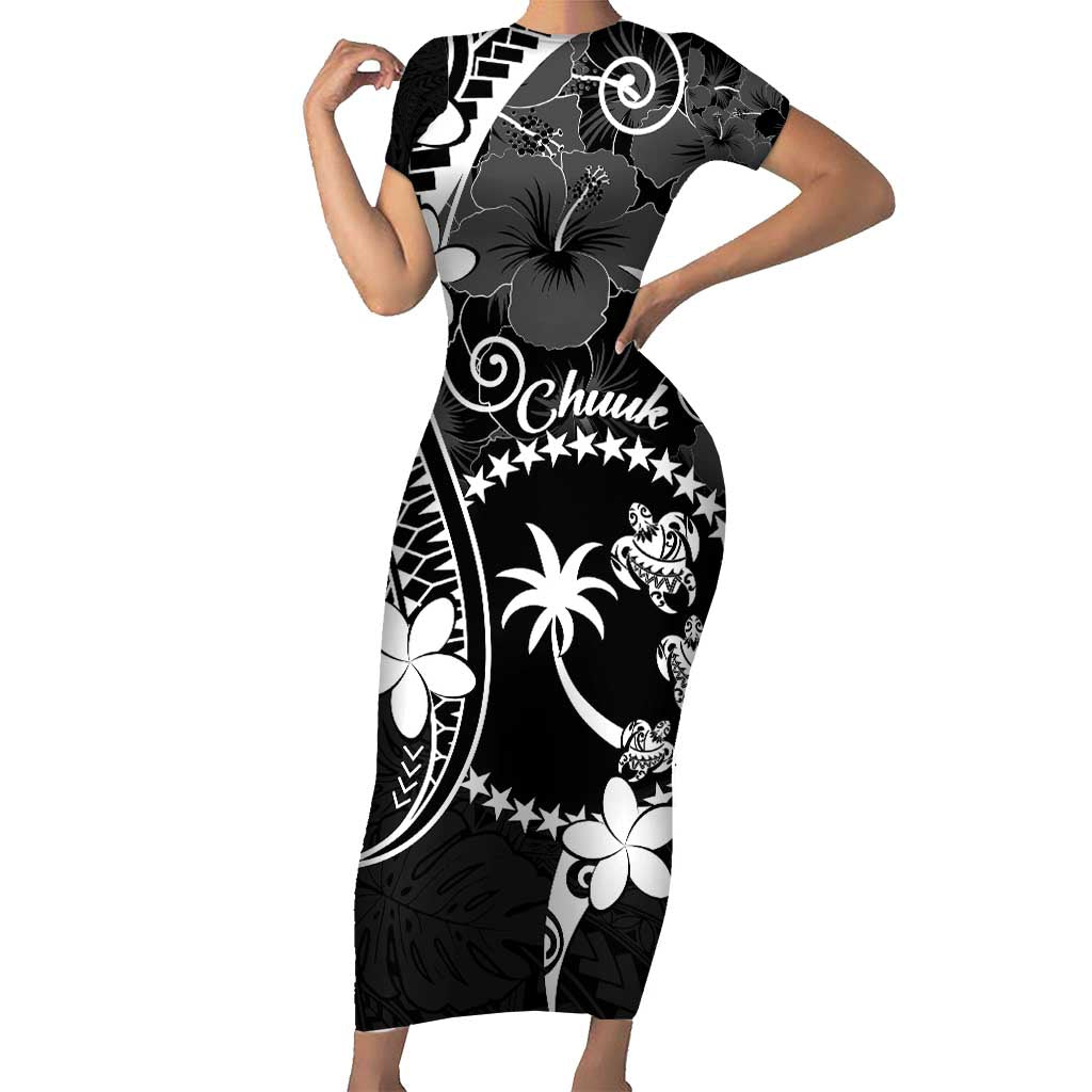 FSM Chuuk Short Sleeve Bodycon Dress Turtle Tropical Flowers Polynesian - Black LT14 Long Dress Black - Polynesian Pride