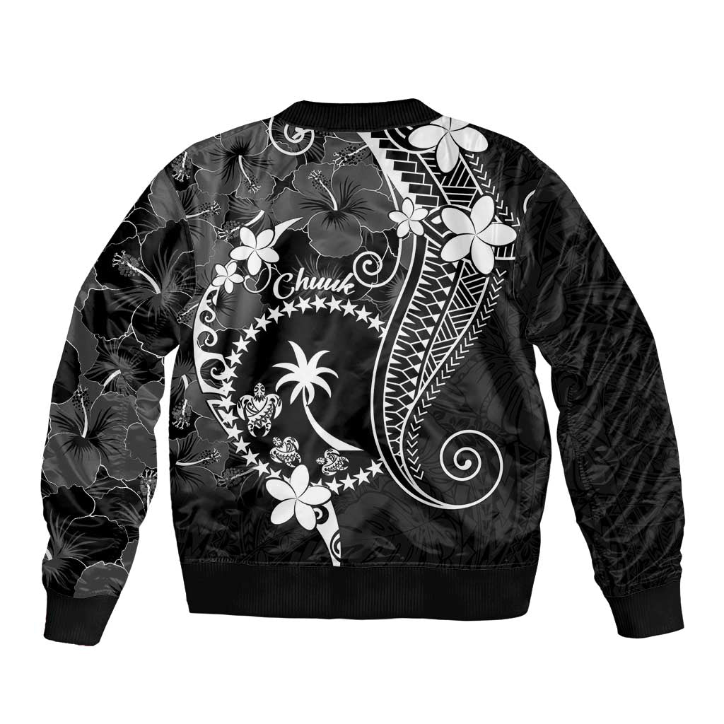 FSM Chuuk Sleeve Zip Bomber Jacket Turtle Tropical Flowers Polynesian - Black LT14 - Polynesian Pride