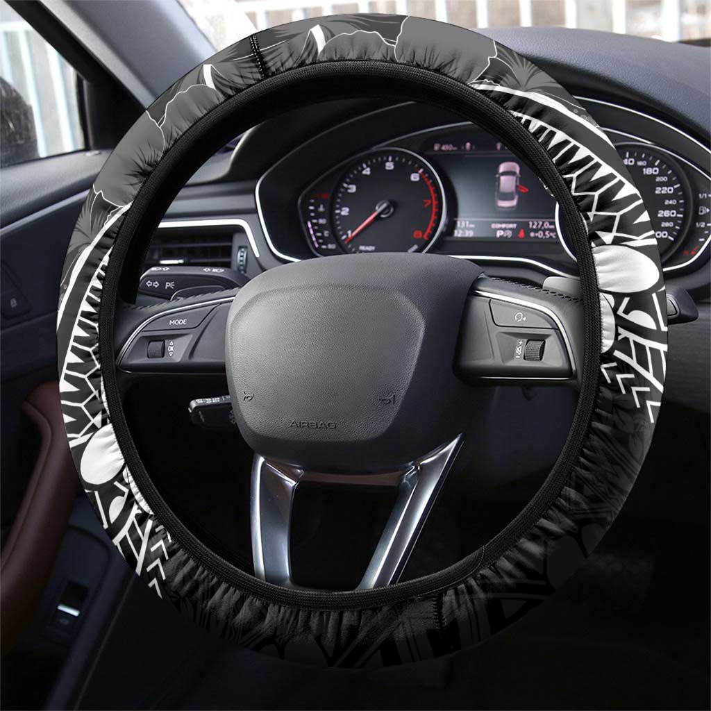 FSM Chuuk Steering Wheel Cover Turtle Tropical Flowers Polynesian - Black