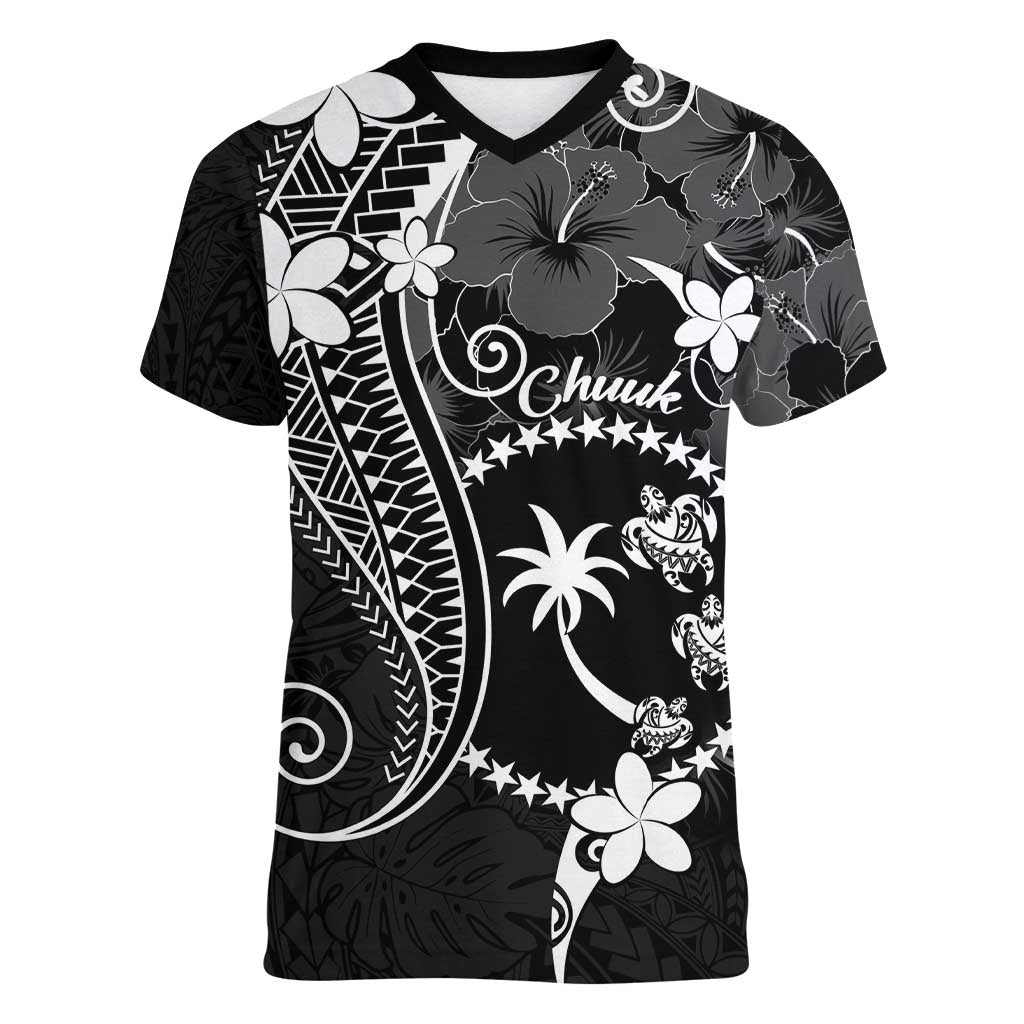 FSM Chuuk Women V-Neck T-Shirt Turtle Tropical Flowers Polynesian - Black LT14 Female Black - Polynesian Pride