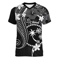 FSM Chuuk Women V-Neck T-Shirt Turtle Tropical Flowers Polynesian - Black LT14 Female Black - Polynesian Pride