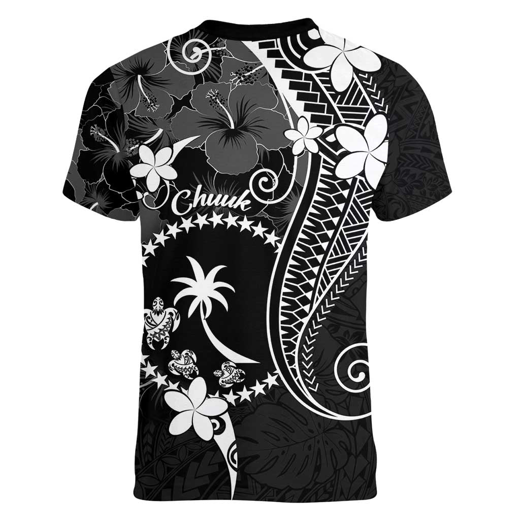 FSM Chuuk Women V-Neck T-Shirt Turtle Tropical Flowers Polynesian - Black LT14 - Polynesian Pride