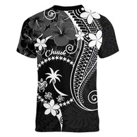 FSM Chuuk Women V-Neck T-Shirt Turtle Tropical Flowers Polynesian - Black LT14 - Polynesian Pride