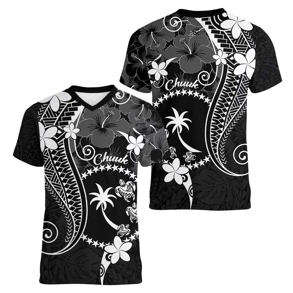 FSM Chuuk Women V-Neck T-Shirt Turtle Tropical Flowers Polynesian - Black LT14 - Polynesian Pride