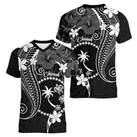 FSM Chuuk Women V-Neck T-Shirt Turtle Tropical Flowers Polynesian - Black LT14 - Polynesian Pride