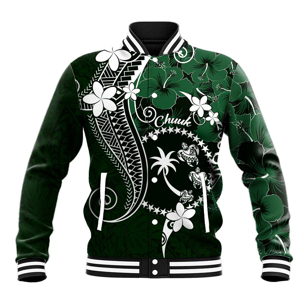 FSM Chuuk Baseball Jacket Turtle Tropical Flowers Polynesian - Green LT14 Unisex Green - Polynesian Pride