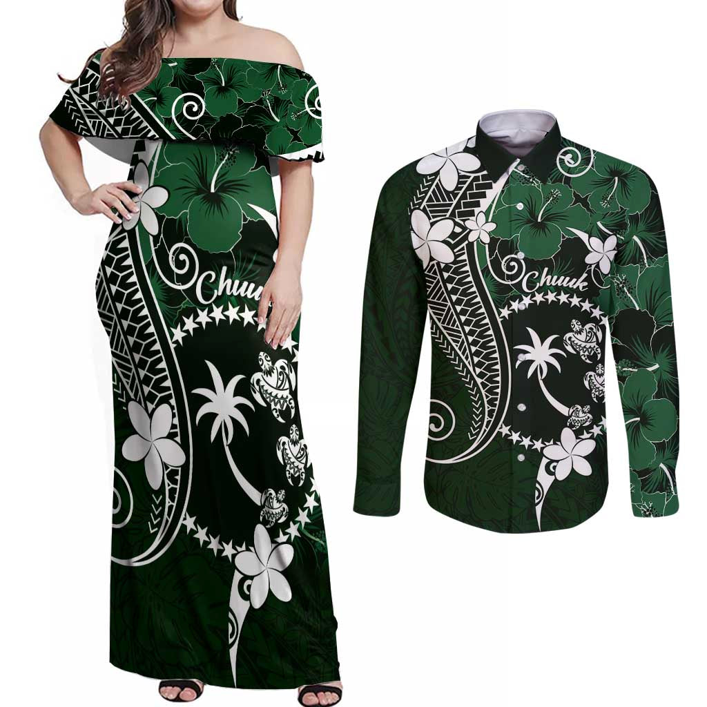 FSM Chuuk Couples Matching Off Shoulder Maxi Dress and Long Sleeve Button Shirt Turtle Tropical Flowers Polynesian - Green LT14 Green - Polynesian Pride