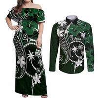 FSM Chuuk Couples Matching Off Shoulder Maxi Dress and Long Sleeve Button Shirt Turtle Tropical Flowers Polynesian - Green LT14 Green - Polynesian Pride