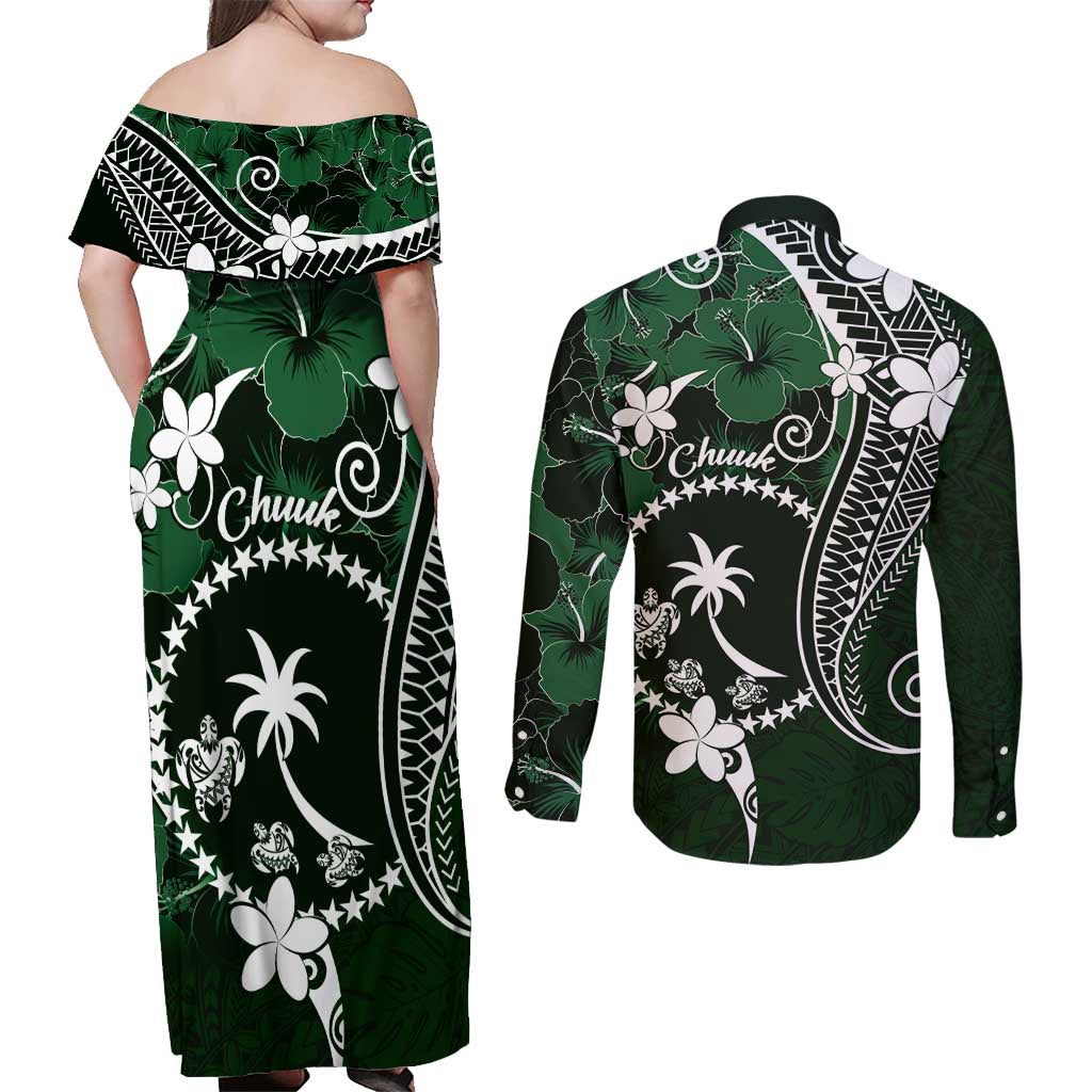 FSM Chuuk Couples Matching Off Shoulder Maxi Dress and Long Sleeve Button Shirt Turtle Tropical Flowers Polynesian - Green LT14 - Polynesian Pride