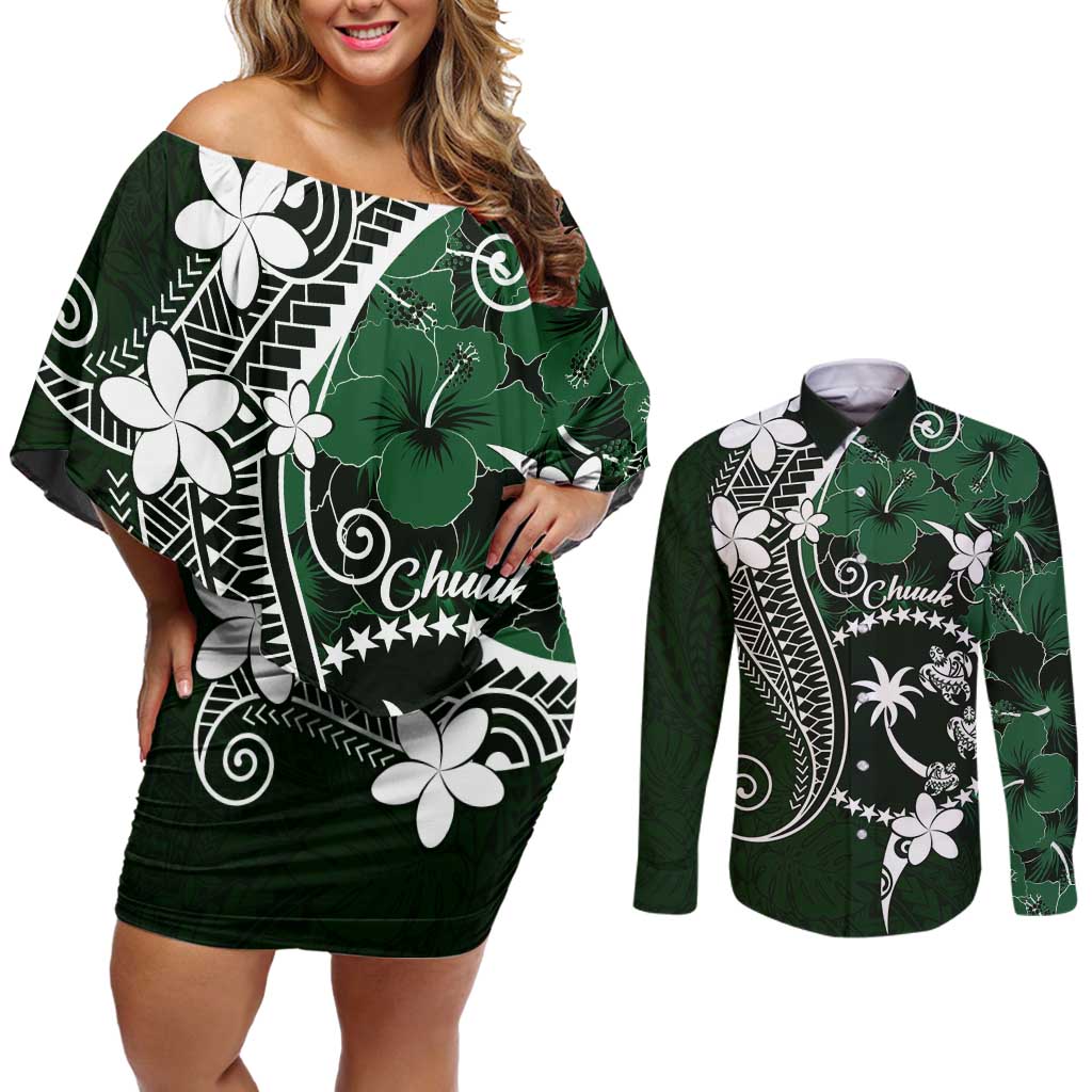 FSM Chuuk Couples Matching Off Shoulder Short Dress and Long Sleeve Button Shirt Turtle Tropical Flowers Polynesian - Green LT14 Green - Polynesian Pride
